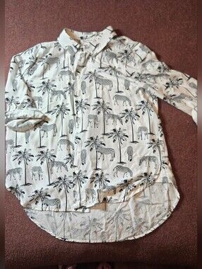 Jane + Delancy Zebra Palm Tree Roll Sleeve Button Down Black & White Size Large